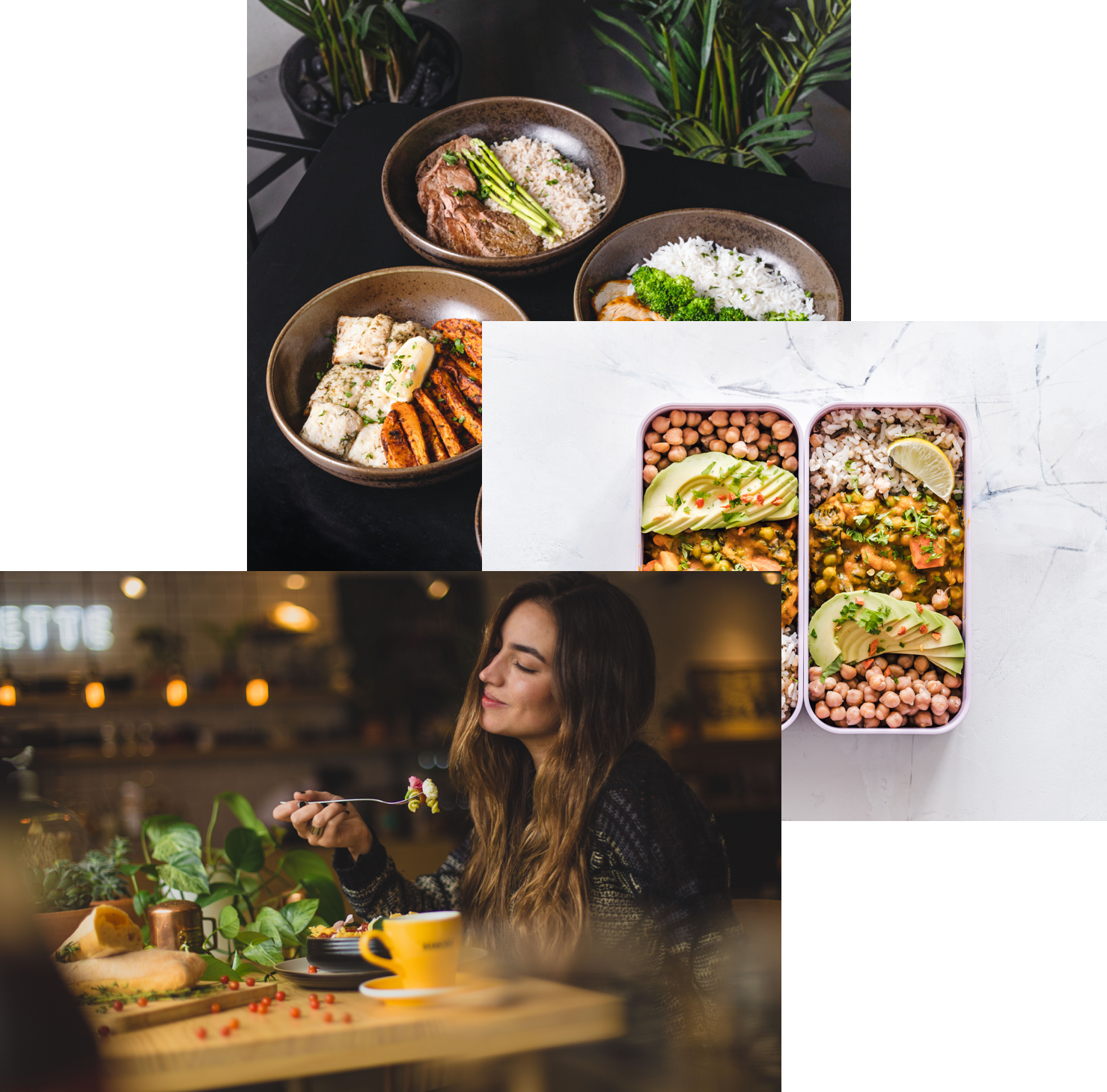 A Beautiful girl eating food, meals in storage Container, and food bowls on a table